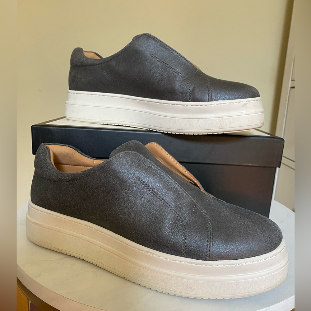 J Slides NYC Noel Platform Sneaker, dark gray suede metallic 8.5M